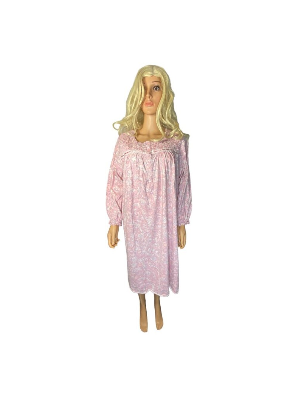 PINK K Plus Size 2X Cotton Smocked GRANNY nightgown Pink Long Sleeves Paisley